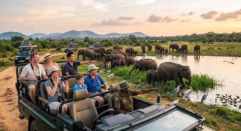 Safari jeep of travellers watching a herd of elephants at a waterhole at sunset