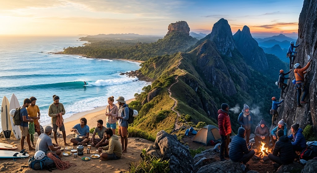 Beach, mountains, climbers and campers showing Sri Lanka's varied climates in one scene
