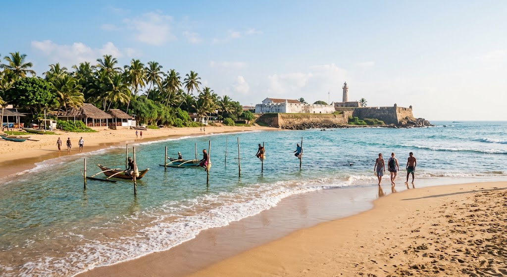 Stilt fishermen and Galle Fort lighthouse on a Sri Lankan beach