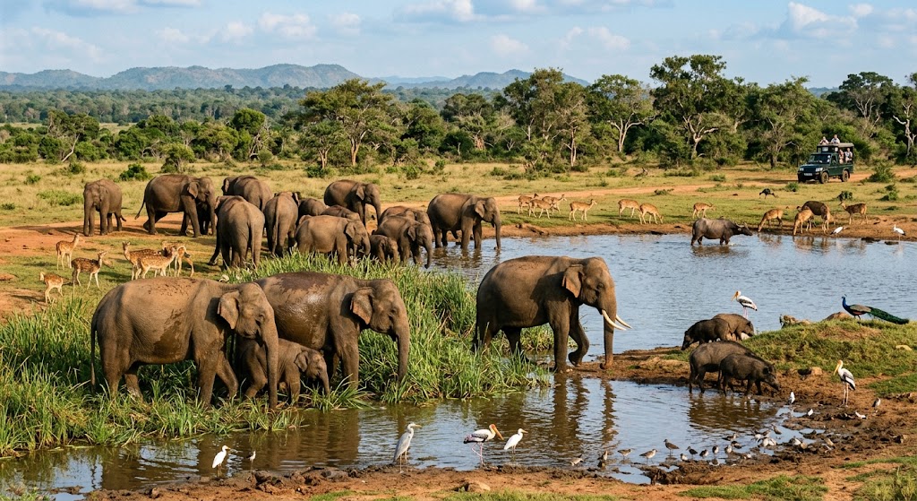 Elephants and deer at a waterhole in a Sri Lankan national park