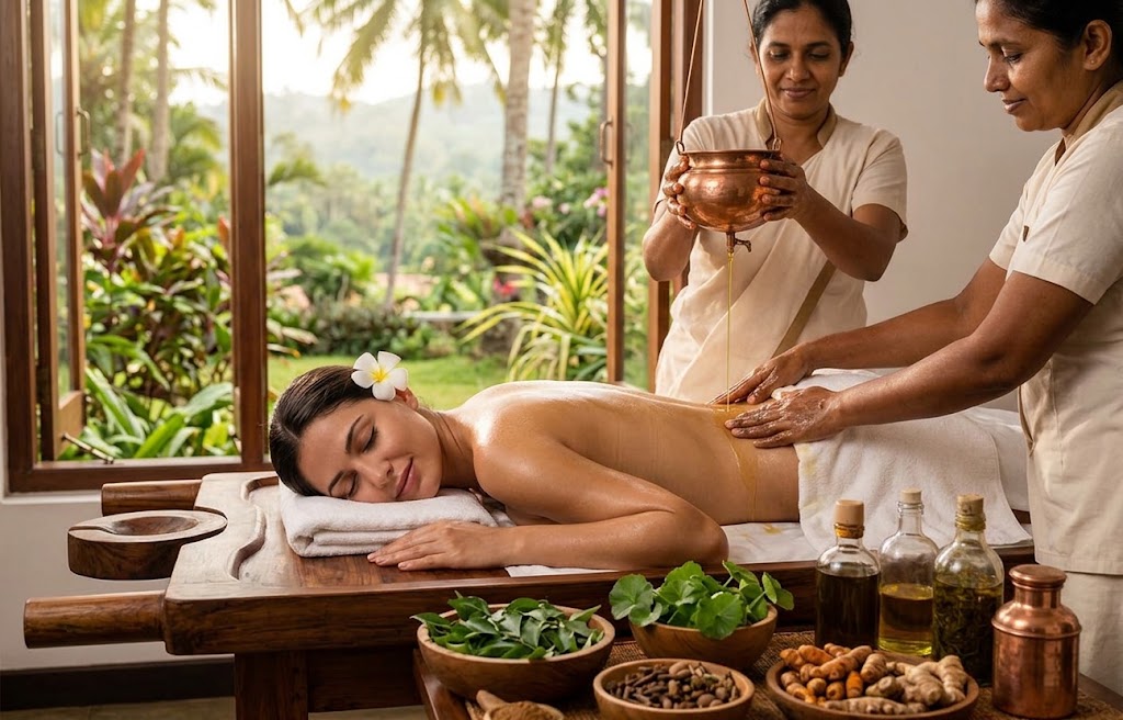 Ayurvedic oil treatment in a garden pavilion