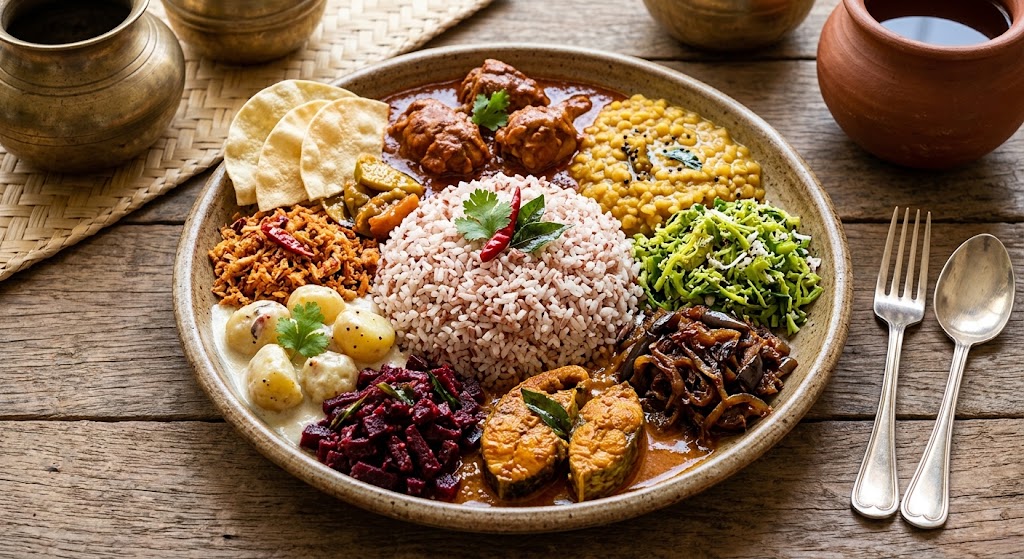 Sri Lankan rice and curry platter with red rice, dhal, fish curry, sambols and papadams