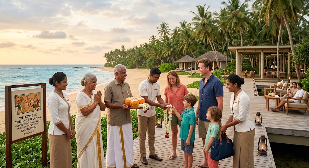 Sri Lankan hotel team welcoming a family on a beachfront deck with garlands and king coconut