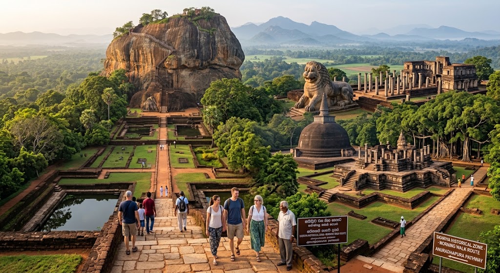 Sigiriya rock fortress and ancient Anuradhapura ruins with visitors walking the pathways
